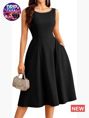 Nylon and Spandex A-Line Midi Dress with Pockets and Zipper Closure